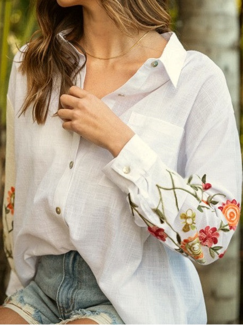 Anniewear los angeles Embroidered Floral Sleeve White Button-Up Top